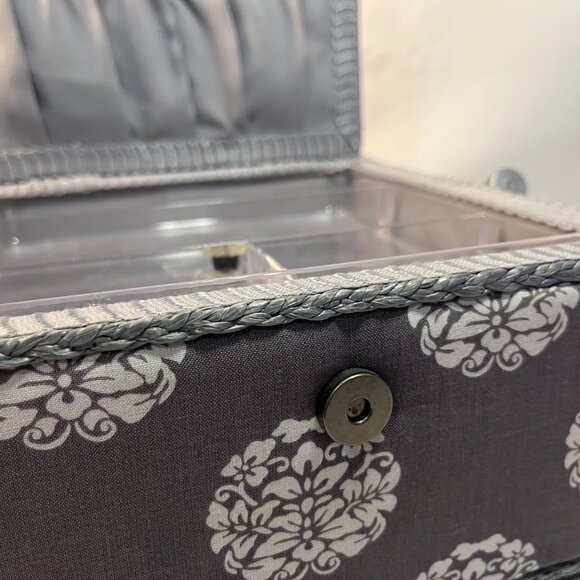 Sewing Box Basket Square Gray Pink Floral Padded Snap Closure Plastic Insert - Picture 7 of 10